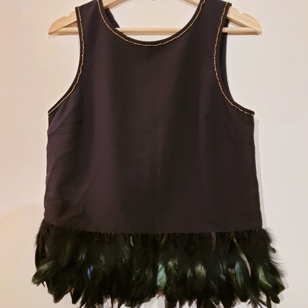 Nicole Miller Black Green Feather Beaded Top